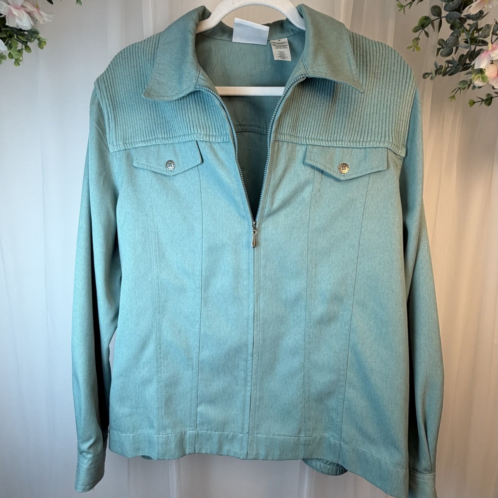 Alfred Dunner Zipper Front Shacket/Jacket Green Size 18 collar light denim